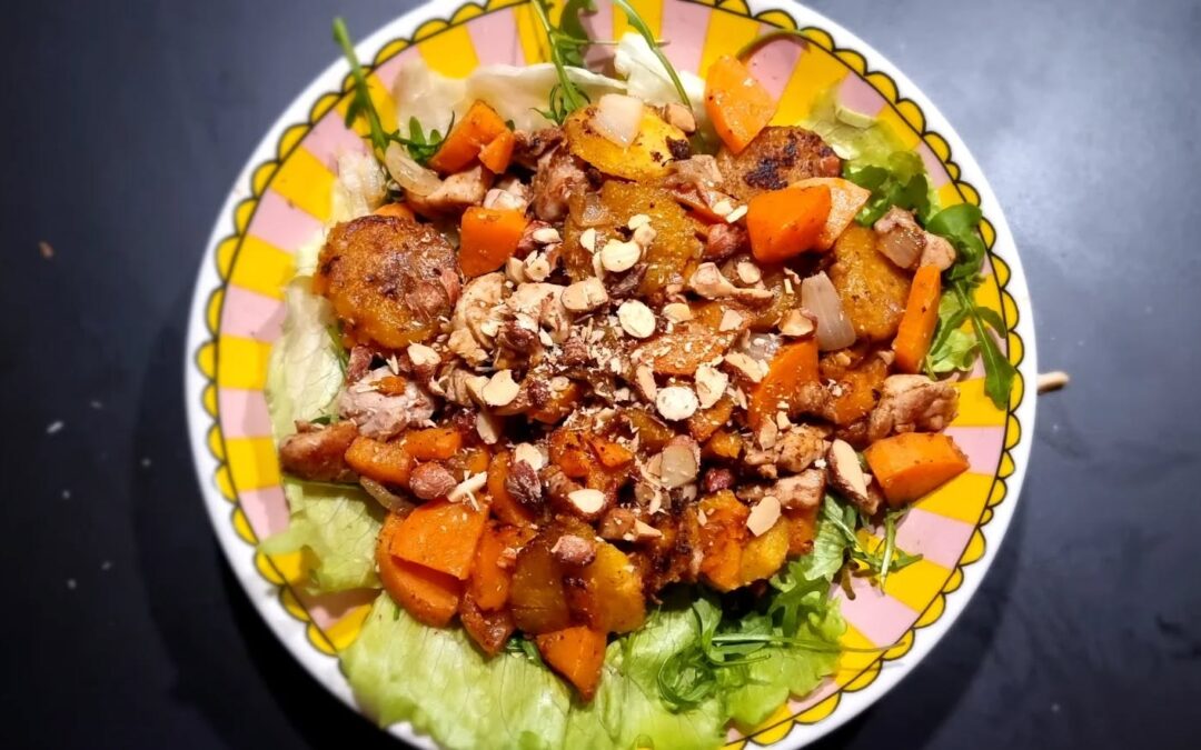 Bakbanaan met kip en zoete aardappel